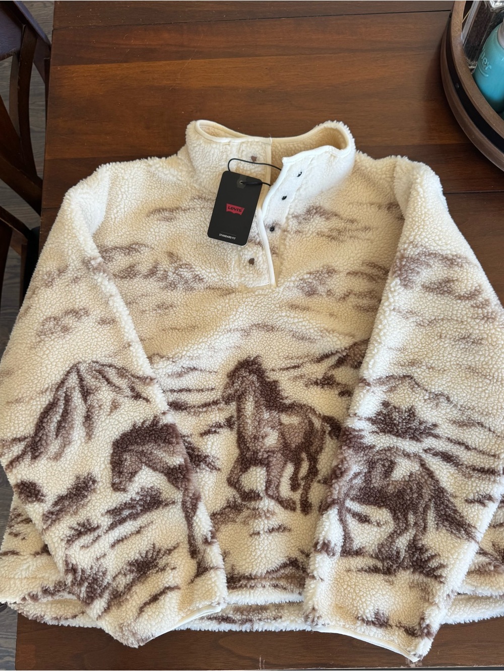 Levi's Cream and Brown Sherpa Turtleneck Pullover